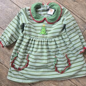 Abby & Evie Boutique Green Striped Holiday Christmas Dress  Tree Embroidery